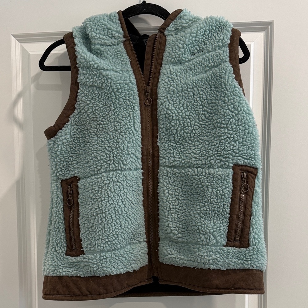 Kavu Cozy Blue green and Brown Sherpa Vest with hood  sz m